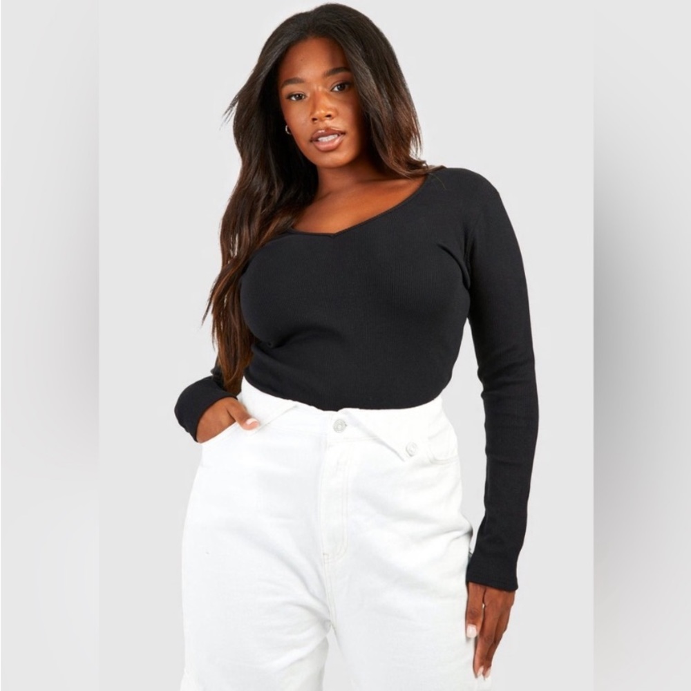 BLACK BASIC PLUNGE V NECK  RIBBED BODYSUIT